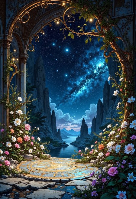 The Voidspire Conservatory of Broken Time
Suspended over an endless abyss, this ballroom is carved into a floating spire, surrounded by a network of interlocking brass rings and shattered constellations. The floor is an intricate clockwork mechanism, with glowing runes ticking forward and backward at random. Silver vines stretch into the void, blooming with flowers that absorb starlight and emit ghostly whispers. A scent of antique parchment, cold midnight air, and forgotten spells lingers in the space.