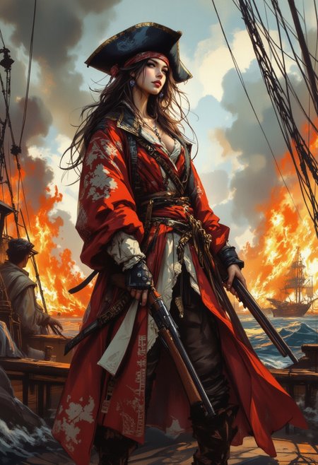 inksketch, A digital painting in the style of ck-js,  portrait of a stunning chinese pirate woman, tricorne hat, bandana, holding flintlock musket, standing on deck of burning ship