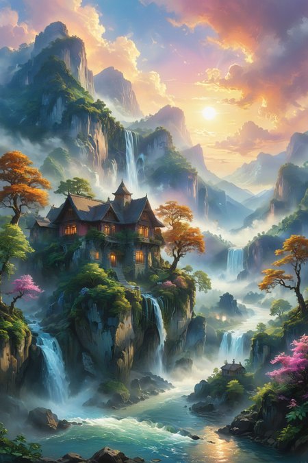 A breathtaking landscape painting featuring traditional houses nestled at the foot of towering, majestic mountains. A cascading waterfall flows down from the rocky cliffs, its mist mingling with the clouds that gently blanket the mountain peaks. The scene is alive with vibrant colors, the lush greenery of the forests, and the serene blue of the flowing river. Intricate details of the houses, with their quaint rooftops and rustic charm, add a sense of warmth and habitation to the grand natural spectacle. The sky is painted with a mesmerizing palette of twilight colors, with hues of pink, orange, and purple creating a stunning backdrop. The entire setting is enveloped in a mystical atmosphere, with soft sunlight breaking through the mist and clouds, casting an ethereal glow over the serene, picturesque scene.
<lora:ral-mtclniscp-sdxl:0.7> ral-mtclniscp,
<lora:add-detail-xl:1.0>,
<lora:EnvyBetterHiresFixXL01:1.0>,
<lora:extremely_detailed:1.0>, extremely detailed,
<lora:EldritchMixIllustration_1.1:0.35>,
<lora:xl_floating:0.7> floating island, surreal,
<lora:SDXLFaeTastic2400:0.6>