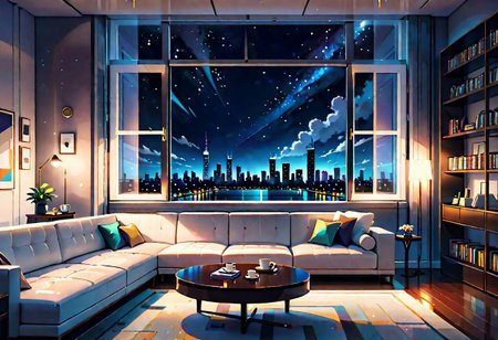 ((front view)), Shallow scene, ((animation style)), modern-style interior, with white walls, (large windows), a  study, Sofa, coffee table, bookcase, single wall, (gloomy room), Turn off the indoor lights , quiet and mysterious night sky, starry sky, city night view, (City high-rise building scenery), (City scenery outside the window)
