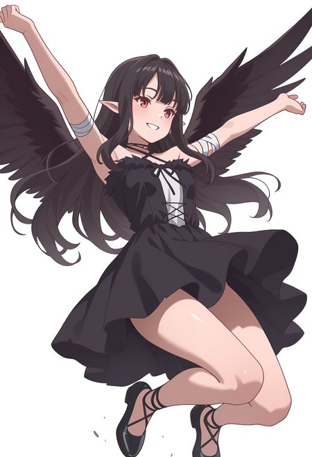 Smooth Quality,masterpiece,very intricate, high quality details, ultra realistic, high detailed skin,detailed enviorement,absurdres,
simple background, white background,
from below,guilt,jumping, arms open, legs bent, smiling, midair,  ,
 <lora:Reese_evecnn:0.8>evecnn,1girl, long hair, black hair, red eyes, pointy ears, bangs, black dress, sleeveless dress, halterneck, criss-cross halter, choker, shoes, black footwear, black wings, feathered wings, bandages,