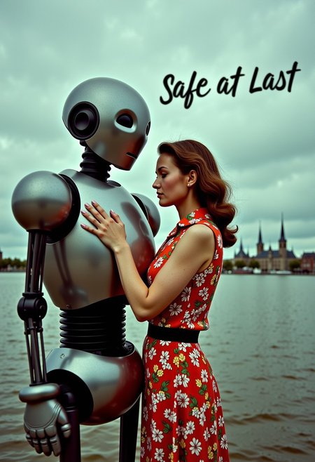 CyberRealistic_Negative, Create a surreal photo of a gorgeous fifties retro woman in a colorful bold pattern dress hugging a big robot, it’s a gloomy day, text in dark grey writing in the sky: "Safe at Last", day in amsterdam, dark pastel colors, 35mm vintage kodak photography, easynegative, detailxl, CyberRealistic_Negative, perfecteyes, perfect eyes, skin blemish, detailed skin, FRESHIDEAS Illustration 60#, dark, low-key