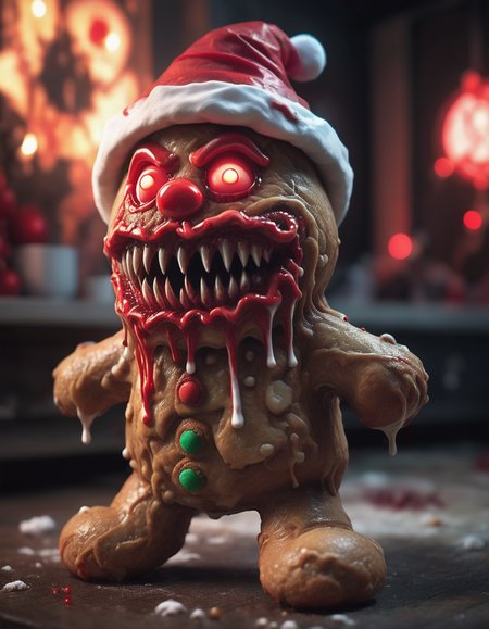 fantasy monster concept art, evil christmas gingerbread man cookie, santa hat,  dynamic lighting,  photorealistic, trending on art station, stunning visuals, creative, cinematic, ultra detailed, atmospherical, ambient lighting, scary art high budget, bokeh, cinemascope, moody, epic, gorgeous, film grain, Eerie, unsettling, dark, spooky, suspenseful, grim, highly detailed