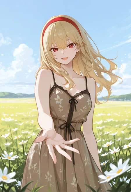 1girl, solo, anime coloring, anime artwork, unholy-aesthetic, masterpiece, best quality, newest, absurdres, highres, safe, CG, cinematic lighting, natural shadow, highest detail, detailed background, intricate scenery, depth of field, insane details, intricate, subsurface scattering, very aesthetic, serene atmosphere, artistic rendering, dramatic contrast, luminous elements, soft painterly texture, striking visual design, finely detailed face, beautiful face, CG, anime, source anime, illustration, high resolution, ultra-detailed, rule of thirds, masterpiece-level,
safe, sfw, intricate scenery, (looking at viewer:1.5), both hands reaching to viewer,
day, blue sky, clouds, from front,
flower field, floating flower, hair flowing by the wind,
<lora:kaelaIL:0.45> kaelaIL, long hair, medium breasts, red eyes, tsurime, (blonde hair:1.5), red hairband, happy smile, open mouth,
<lora:Mocha_Petal_Dress:1> Mocha_Petal_Dress, dress, bare shoulders, sleeveless, bare arms, floral print, spaghetti strap, brown dress, long dress,
<lora:add-detail-xl:1>,
<lora:748cm_illu:0.85> 7481llu,
<lora:USNR_STYLE_ILL_V1_lokr3:0.85> usnr