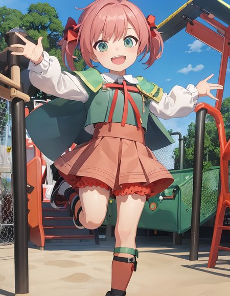 (extremely detailed CG unity 8k wallpaper),(masterpiece), (best quality), (ultra-detailed), (best illustration),(best shadow), (playground, jungle-gym, slide, sandbox:1.2)
(carcanostrawberrysmall:1.2), child, aged down, smile, short hair
<lora:CarcanoStrawberry:1>
