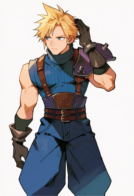 score_9, score_7_up, BREAK, solo, 1boy, <lora:MVC2_GLoRA-pdxl_Fp:1>, simple background, <lora:cloudstrife-pdxl-nvwls-v1:0.8>, defCloud, blonde hair, single earring, suspenders, shoulder armor, sleeveless turtleneck, belt, baggy pants, blue pants, gloves, boots, hand on head,