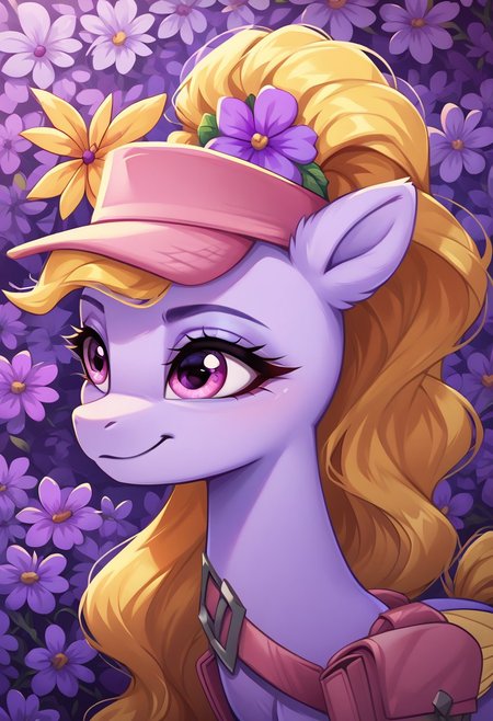 masterpiece, score_9, score_8_up, score_7_up, score_6_up, (best quality:1.1), ultra-detailed, high resolution, (solo), (1GIRLS), (FIFI), pony, feral, portrait, (beautiful detailed pink eyes), (yellow long hair:1.5), (light purple fur:1.5), Long eyelashes, (purple flowers all around her:1.5), ((purple floral background:1.5)), (purple and yellow butterflies), high quality, sharp, the quality of ai art is frightening, highly detailed, Highly Visible, sharp focus, perfect lighting, anatomically correct, extremely detailed, shine on body, high detail, cute, Expressiveh, detailed background, OverallDetail, zPDXL2, pink hat