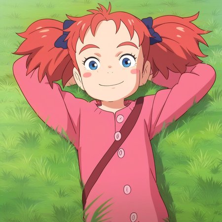 score_9, solo, mary, red hair, blue eyes, twintails, blush stickers, lying on back, grass, smiling, hands behind head