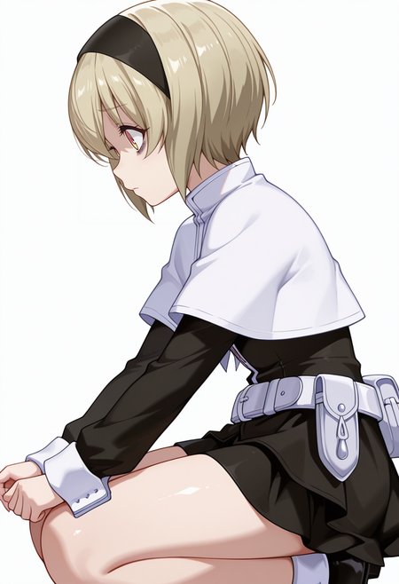 Smooth Quality,masterpiece,very intricate, high quality details, ultra realistic, high detailed skin,detailed enviorement,absurdres,
beckoning,
 <lora:Pekora_CNR:0.8> pekora_cnr, 1girl, blonde hair, short hair, bangs, yellow eyes, multicolored eyes, shiny hair black hairband,bags under eyes,pekora_def_cnr, black dress, white capelet, black skirt,white belt, long sleeves, shoes, pouch,, scared,, simple background, white background, from side,solo,