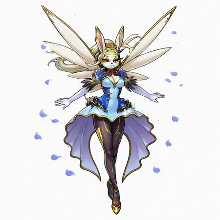 Marshma110w,1girl,solo,furry female,rabbit girl,rabbit ears,blonde hair,long hair,red eyes,animal nose,whiskers,body fur,white fur,rabbit tail,animal feet,gold high heels, black pantyhose, gold headset, gold hair tubes, blue dress, white elbow gloves, spread wings,  blue petals, official style, gold frame, official art,
