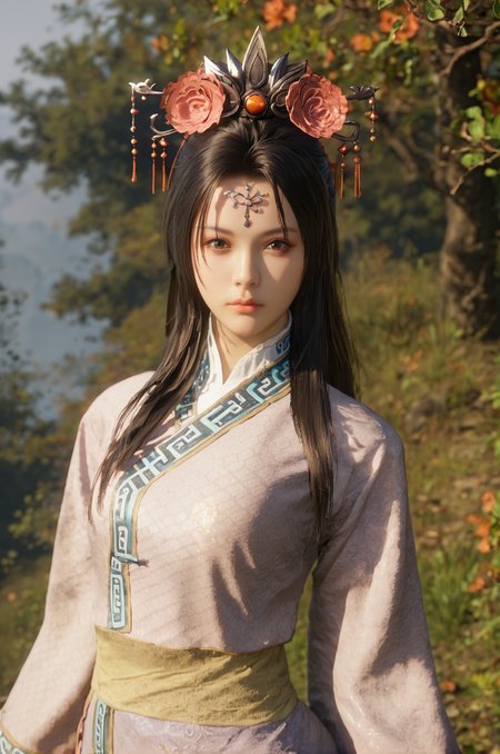 score_9, score_8_up, score_7_up, half body shot, model pose,<lora:Yu_Meiren_Dynasty_Warriors:0.7> 1girl, solo, black hair, long hair, hair ornament, hair flower, brown eyes, chinese clothes, long sleeves, outdoors, looking at viewer