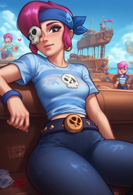 (score_9, score_8_up, score_7_up), 1girl, young adult,(Penny, brawl stars ) small breasts, slim fit, small waist, sexy, perfect eyes,
bspenny , pink hair , short hair, black eye ,   bandana,  one eye covered ,  skull  ,hairband  , eyepatch,
striped shirt, belt,black pants,
Pirate ship, Ship, deck, blue sky,
Wet skin, glossy, pretty girl, focus on girl, aesthetic,
