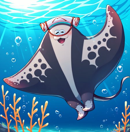 score_9, score_8_up, score_7_up, score_6_up, score_5_up, score_4_up, big man, splatoon, manta ray, dark grey and light grey body, fins, headwear, cute face, :3, swimming in the ocean, swimming, underwater background, looking at viewer,
 <lora:Big_Man_Splatoon_PonyXL:1> big man