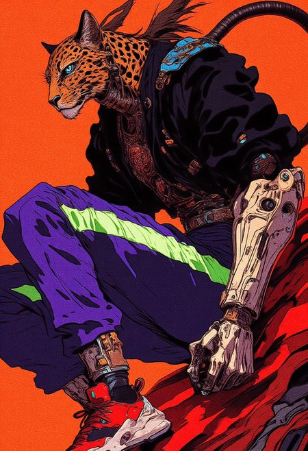 This is a vibrant, high-quality digital drawing of a stylized anthropomorphic leopard character in a dynamic, action-ready pose, HD, 8K quality, ultra-detailed, masterpiece artwork, flawless anatomy. The leopard exudes a fierce, focused expression, its sharp eyes and slightly open mouth hinting at determination. Dressed in a sleek black jacket with refined textures and bold black accents, the chest features a subtle metallic "BALENCIAGA" logo, adding a touch of luxury to its edgy, modern fashion. The trousers are purple, accentuated by a striking lime green vertical stripe running flawlessly from waist to ankle, injecting bold contrast into the ensemble. Completing the streetwear-inspired look are red and white sneakers with black accents, adding a dynamic and contemporary flair. Its left hand is a futuristic, mechanical prosthetic of gleaming metal, detailed with glowing blue circuits and intricate gears, perfectly complementing the character’s anthropomorphic form. The leopard’s spotted tail curves gracefully, adding fluidity to the powerful pose. The background is an intense orange, brought to life by angular, indefinite-shaped patterns crafted entirely from radiant neon dots and lines, evoking a retro-futuristic aesthetic. This masterful composition seamlessly combines vibrant colors, dramatic contrasts, and intricate details for a bold, visually captivating artwork.