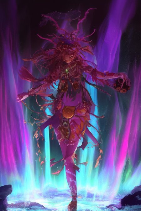A shaman girl dances in the snow, beats a tambourine.  A very big speech bubble above the reads, "HGreat spirit father, give me buzz".  The night sky with the aurora borealis (An image with very contrasting and vivid psychedelic colors)