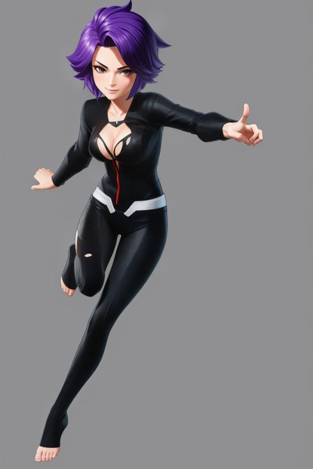 1girl, solo, full body, smile, looking at viewer, <lora:MarvelUltAlly3-000010:1>, marvel ultimate alliance 3, simple background, 3d render, cel shading, animification, purple hair, bodysuit, skin tight, medium breasts, barefoot, spider web print, torn clothes,