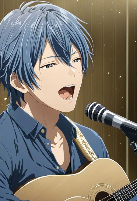 high resolution, solo, best quality, 1Boy, Tomoya Okazaki, Grey Blue Hair, singing, portraits, dept of field, virtual concert, playing musical instrument, OverallDetail