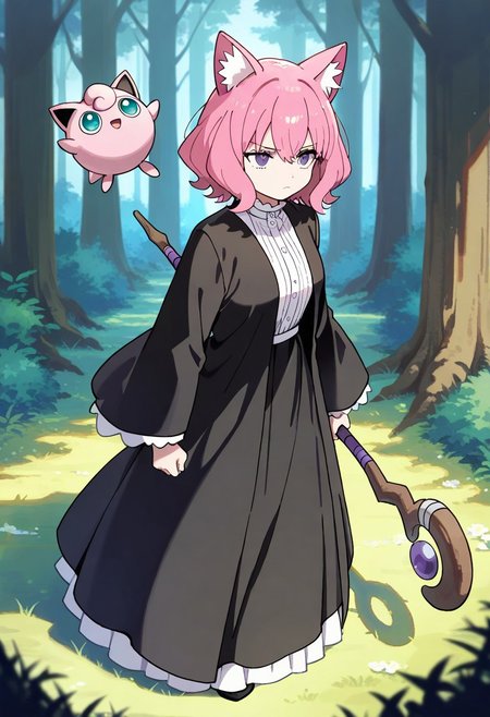 (masterpiece, best quality, high quality, highres), very awa, highres, absurdres,
atsumi yoshioka,
pokemon, pokemon \(species\), (solo:1.2), full body,
(JJigglypuff:0.85), pink cat ears, 
(Fern \(Sousou no Frieren\):0.75), upset, holding magic staff, black dress, 
fantasy forest meadow background,