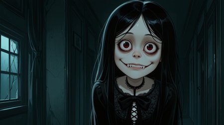 score_9, score_8_up, score_7_up, BREAK, wendy_maury,anime,long hair, black hair,long sleeves,closed mouth,indoors, gothic, vampire teeth, creepy, horror<lora:wendy_maury_il:1>
