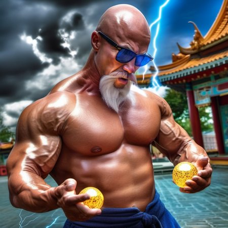 HDR photo of a bald very muscular bodybuilder shirtless with sunglasses and beard casting a powerfull spell, (((dramatic energy ball lightning from hands))), ancien chinese temple, dragon, dragon ball  <lora:MasterRoshi1024-40:0.8> . High dynamic range, vivid, rich details, clear shadows and highlights, realistic, intense, enhanced contrast, highly detailed
