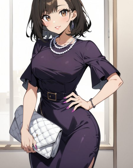 1girl,solo,smile,
parted lips,posing for a picture,standing, puffy lips,lipstick,source_anime,sexy pose,digital painting,looking at viewer,paintel nails, edgpdress, looking at viewer, brown hair, black hair, holding, brown eyes, jewelry, standing, parted lips, medium hair, necklace, bag, lips, hand on hip, purple dress, handbag, pearl necklace ,wearing edgpdress <lora:edgOfficeLadySDXL:0.9>
masterpiece,best quality,absurdres