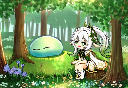 Nahida, genshin impact, dendro, dendro slime, forest, flowers, tree stump, greenery, sun