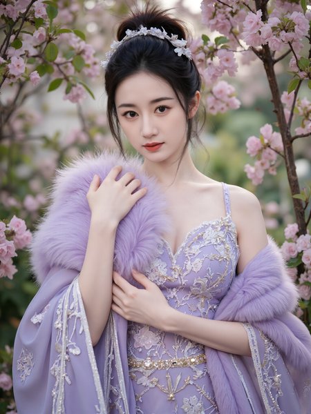 This is a high-resolution photograph of a beautiful young Asian woman with fair skin, delicate features, and dark hair styled in an elegant updo adorned with floral hairpieces. She is dressed in a semi-transparent, lavender gown with intricate lace details, partially covered by a large, fluffy lavender shawl. The background is a lush, ethereal garden filled with blooming flowers, creating a dreamy, fairy-tale atmosphere. The lighting is soft and diffused, enhancing the delicate textures of her gown and the flowers. The camera angle is slightly low, emphasizing her poised, serene expression. The composition uses the rule of thirds, with the woman positioned centrally, drawing attention to her graceful presence amidst the floral backdrop.