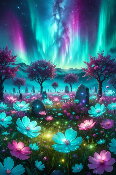 meadow flowers with sparkling petals, morph-aurora, stone circle with ancient runes, detailed background, best quality, vibrant colors, photorealistic style, high detail, hyper-realistic, highres, 4K resolution, realistic photo, masterpiece, ultra-detailed, cosmic shine, teals and magentas, ethereal glow, overhead shot, <lora:add-detail-xl:1> <lora:aurora_0_100_V1-000009:0.65>