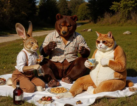 full body shot of Rembrandt style <lora:antr:1>, A comical and lively outdoor scene featuring an anthropomorphic rabbit, bear, and chubby cat having a hilarious drinking party on a sunny meadow. The rabbit is wearing suspenders and holding a tiny glass of moonshine, looking overly excited or tipsy. The bear, in a lumberjack-style shirt, is lounging casually while trying to pour more moonshine into mismatched cups, spilling half of it. The fat cat sits smugly nearby, wearing round glasses and sipping from a fancy teacup that clearly contains something stronger than tea, with a satisfied smirk on its face. Around them are scattered picnic items like plates of snacks, bottles labeled 'Hareâs Special Brew, ' and funny details like a bee swarm attracted by spilled drinks. The background shows a peaceful forest edge with wildflowers and soft lighting, contrasting with their chaotic yet joyful shenanigans . Baroque, chiaroscuro, realistic, emotional, "flat lighting. Whole outfit, clear, sharp, balanced
