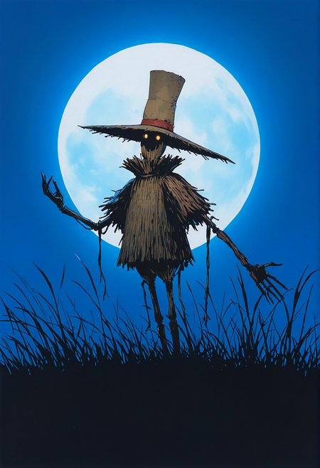 very awa, (watercolor \(medium\):0.9), (studio ghibli:0.7), no humans, scarecrow, moonlight, tall grass,  masterpiece, [best quality:0.15], newest, absurdres,
