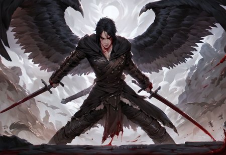 score_9, score_8_up, score_7_up, realistic style, bloodborne, ornate armor, 1boy, man, he him male,ombr black hair parted on the left, (black and red gradient eyes), ((four black wings on his back)), proper clothing suit, ambush, powerful, determined, controlled, contempt, covered in blood, mid-battle, arrows piercing through his wings, bleeding wings, dripping blood, blood spatters, dynamic fight, ((wielding a long great sword)),(hd high quality details), source_anime, realistic oil painting, (((by Magic the Gathering)))