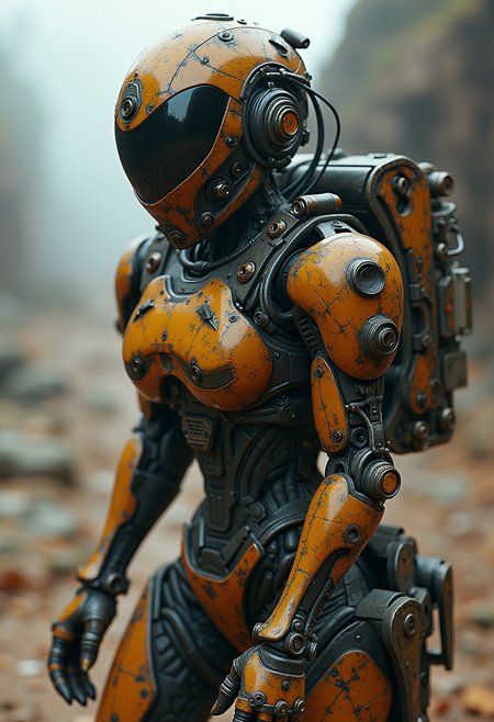 Detailed, masterpiece, professional, bold colors, awe inspiring, photography inspired by Jeremy Mann and Kelly McKernan, 30mm shot, action scene, HDR, female piloting a mecha exoskeleton, detailed mechanisms, fused organic and metal technology, dieselpunk
