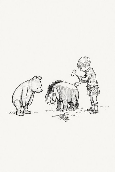 ehshep1 sketch. 
The drawing features a young boy and two anthropomorphic animals . On the left, Winnie-the-Pooh, stands on its hind legs with a curious expression, looking down at the ground. On the right is a young boy holding a hammer, trying to fix Eeyore. <lora:ehshep2_cap_d6a3e12:1.0><lora:825897412162981187:0>