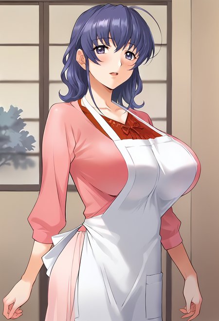 score_9, score_8_up, score_7_up, source_anime, masterpiece, 1girl, ct_haruka, blue hair, medium hair, large breasts, pink shirt, long sleeves, apron BREAK light pink long skirt, looking at viewer, indoors, japanese home, cowboy shot, <lora:HarukaOgihara_Pony_ct:1>