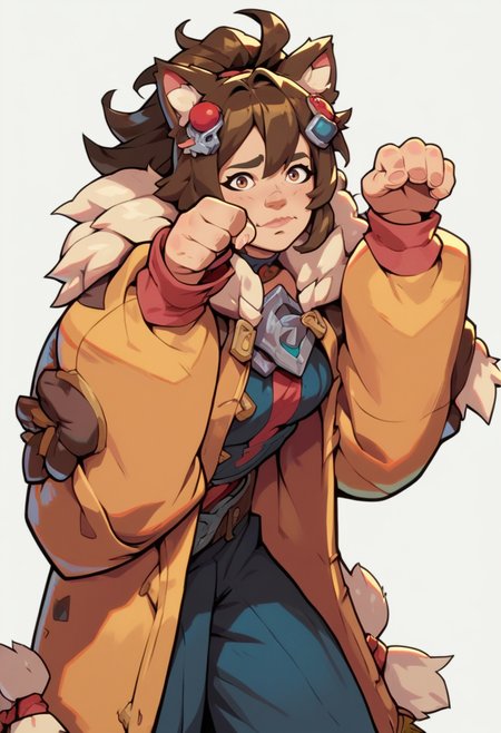 score_9, score_8_up, score_7_up, vikin girl, plump, big coat, fluffy clothes, from side, front, leaning forward, paw pose, nervous, looking at viewer, simple white background, dynamic pose, cowboy shot, brown hair, big pants, hair ornament,
 <lora:2XKO_style:1>, 2XKO,