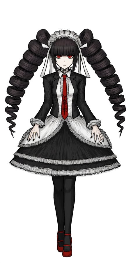 solo, looking at viewer , <lora:Black_souls_style:0.8> , <lora:celestia_pony_v3:0.4>, celestia ludenberg, long hair, twintails, twin drills, drill hair, bangs, black hair, red eyes,white shirt, frills, print necktie, black skirt, nail polish, open jacket, black jacket, red necktie, red flower, black nails, twin drills, pale skin, gothic fashion, holding flower, center frills, bonnet, claw ring, cowboy shot, frilled sleeves, frilled skirt, collared shirt,red high heel shoes,small breasts, covered nipples, Ultra fine depiction of details, Ultra fine characterization of light and shadow, color sketch, 32k, A super beautiful woman,simple white background, high quality, best quality, standing, full-length, <lora:age_slider_v4:0>, black souls style