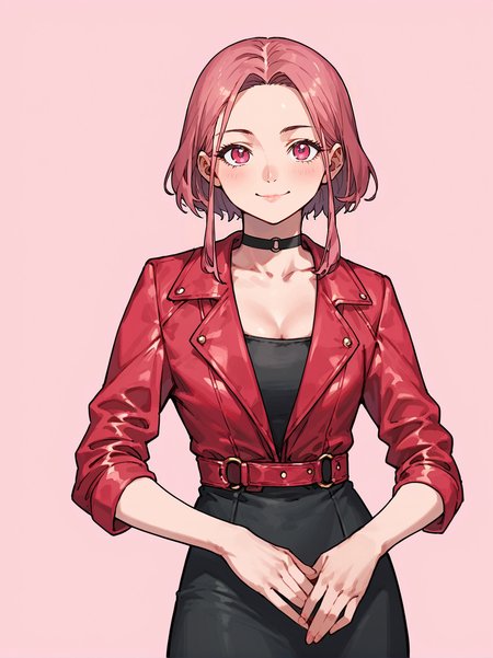 score_8_up, score_7_up, score_6_up, source_anime, 1girl, solo, simple background, pink background,
standing, pose, contrapposto, arched back, cowboy shot, facing viewer
smile, 
red jacket, black dress, black choker
 <lora:silenthillmaria:1>