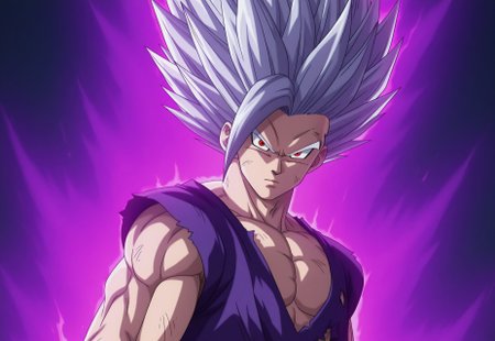 masterpiece, best quality, anime screencap, side view, looking at viewer, anime coloring, official style, DBSSHBTGohan, 1boy, spiked hair, light grey hair, red eyes,  torn clothing, purple dougi, black wristbands, purple pants, muscular male, aura, luminous purple and blue aura, sharp jagged energy waves, Kipowerup, , dark background 