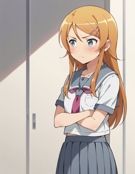 score_9, score_8_up, score_7_up, score_6_up, score_5_up, score_4_up, source_anime, anime screencap, BREAK 1girl, solo, upper body, crossed arms, blush, closed mouth, looking away, 
 <lora:Kousaka_Kirino_Pony:1> kousaka_kirino, orange hair, long hair, blue eyes, hairclip, kirino_school, serafuku, school uniform, white shirt, grey sailor collar, short sleeves, neckerchief, grey skirt, pleated skirt,