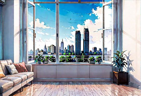((((front view)))), Shallow scene, ((animation style)), (((City high-rise building scenery))), ((((City scenery outside the window)))), (Facing the window), (open window), modern-style interior, Wooden floor, with white walls, (large windows), a living room, sofa and coffee table by the window sill, (The sofa is placed horizontally with its back against the window sill), noon, clear sky, low saturation