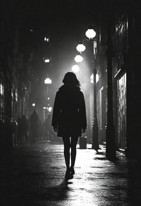 cinematic photo dark photo of a woman walking down a city street alone  at night, <lora:Into_Darkness:1>, 35mm cinematic , film, bokeh,  professional, 4k, highly detailed, 35mm photograph, film, bokeh,  professional, 4k, highly detailed