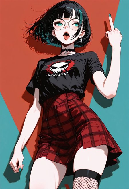 masterpiece, best quality, 32k, high resolution, absurdres,hara_id_21, no_lineart, Polly, PollyRH, short hair, bobcut, black hair, bangs, green eyes, small breasts, almost flat chest, slim, pale skin, big round eyeglasses, clear eyeglasses lenses, red lipgloss, dynamic pose, black print t-shirt, red tartan skirt, punk attire, fishnets, focus on face,  dual color background, shadow, dim light, dynamic view, detailed face, dynamic pose, high contrasts,, Middle finger, open mouth, tongue out,