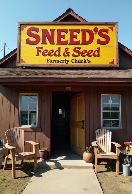 A wooden shack, two chairs in the front, various farm equipment scattered around entrance, wooden door, brown roof, a huge wooden yellow sign on the roof saying "Sneed's Feed & Seed" in red letters, a smaller text underneath says ""Formerly Chuck's", viewed from above at an angle,
