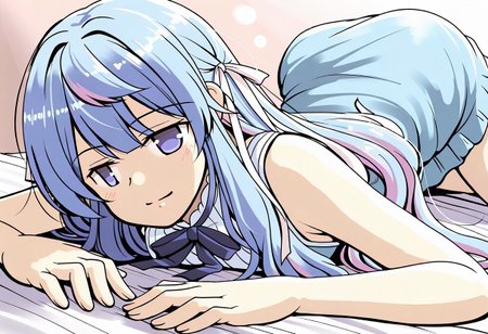 lazypos, character focused, anime girl, blue hair, soft lighting, pale skin, laying pose, delicate fingers, relaxed expression, pastel colors, short dress, ribbon details, bed surface, gentle shading, calm atmosphere, blue palette, light tones, subtle highlights, modern anime, clean outlines, minimal background, tsuzustyle