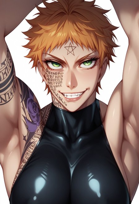 score_9, score_8_up, score_7_up, low angle,
  <lora:zorin_blitz-000008:1> zorin_blitz, short hair, orange hair, spiky hair, green eyes, athletic build,( full body writing:1.3), pentagram, star, black tank top, bare shoulders, green pants, suspenders,  , combat boots, evil grin, grin, tattoo, 
1girl, breasts, , , scowl, ,<lora:Expressive_H:1> expressiveh <lora:Eyes_High_Definition:0.25> eyeshd
(extremely detailed faces), 1girl,  ,   i, large saggy breasts, admiring,
beach scene,
detailed background,
dramatic light, perfect shadows,
by Serpieri, ph4nt0m01l, Expressiveh,
pose difference, depth of field,
dramatic poses, dramatic expressions, hands above head, sexy pose,
dramatic angle  <lora:Eyes_High_Definition:0.25> eyeshd <lora:Expressive_H:1> expressiveh