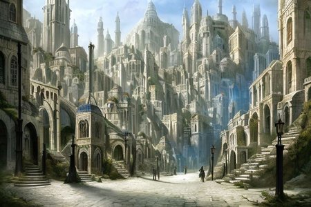 (masterpiece:1.2), (best quality,:1.2), 8k, HDR, ultra detailed, ((photorealistic)), professional light, cinematic lighting, fashion photography, ambient lighting, atmospheric effects, DarkFantasy, Numenor, a street with stairs in a big medieval fantasy city on a mountain, high towers, high walls, <lora:Numenor-10:1>, in the style of Middle Earth, Tolkien, Minas Tirith, epiCPhoto