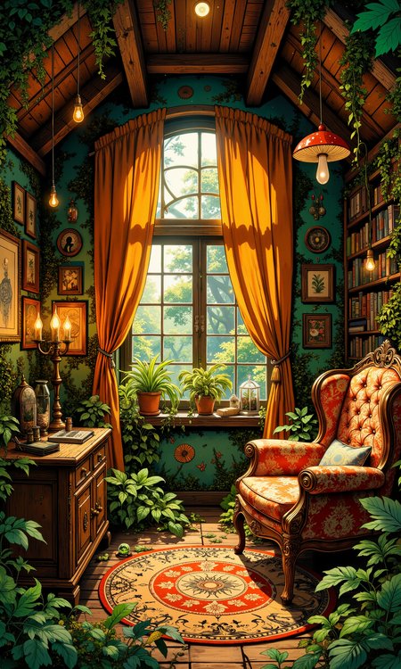 Enchanted forest cottage interior, lush botanical sanctuary, whimsical treehouse bedroom, fairy lights, hanging vines, moss-covered walls, earthy color palette, oversized mushroom chairs, flowing silk curtains, magical golden glow, antique wooden furniture, crystal terrariums, bioluminescent plants, cozy reading nook, floating bookshelves, intricate leaf patterns, dreamcatcher window, rustic woven textures, hidden fairy doors, ornate carved details, soft dappled sunlight, misty atmosphere, ethereal, storybook illustration style, 8k, masterpiece <lora:Hand v2:0.3> <lora:dreadmirth-art-style:0.5> <lora:Vintage comic book:0.4> <lora:Comic book opus 3:0.3> <lora:flux_dev:1>