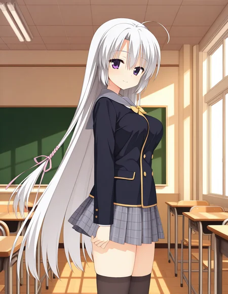 official style,Ayachi Nene,purple eyes,white hair,very long hair,ahoge,school uniform,serafuku,black jacket,plaid skirt,brack thighhighs,
day,
classroom,
front view,straight-on,frontal face,front face,front angle shot,shoot from front,Facing directly forward, looking straight into the camera,
explicit,cell shaded,soft brightness,perfect face,perfect nose, perfect hair, perfect eyes,perfect female body,perfect skin,a face of perfect proportion,perfect lighting,perfect anatomy,perfect proportion,perfect hands,perfect legs,perfect fingers,masterpiece,hair between eyes,
big breasts,
perky breasts,best quality,very aesthetic,absurdres,16k,intricate detail,amazing quality,soft lines,curvy,smile,slim,(nipples:-1),
looking at viewer,
super fine illustration,detailed linework,vibrant colors,kawaii,flat color,
(from side:2),
 <lora:ãµããã¦ã£ããç¶¾å°_å¯§ãillustriousSANOBA_WITCHAyachi_Neneillustrious:1:0.8>