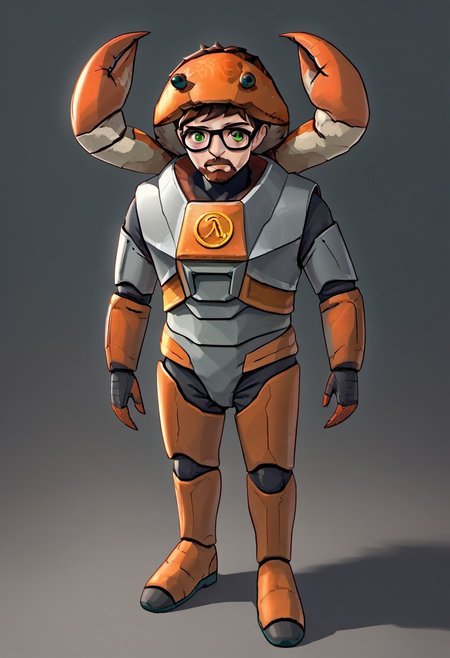 gordonfreeman, brown hair, short hair, facial hair, glasses, green eyes, power armor, crab on head