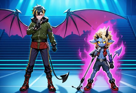masterpiece,best quality,amazing quality,demonium\(crush devil\),(demon wings:0.5),(wings:0.5),bracelet,spiked bracelet,spikes BREAK ryoga jasei,2boys,multiple boys,male focus,collar,jacket,jewelry,holding,glowing,shorts,microphone,microphone stand,holding microphone,boots,aura,red footwear,<lora:Ryoga_Jasei>,